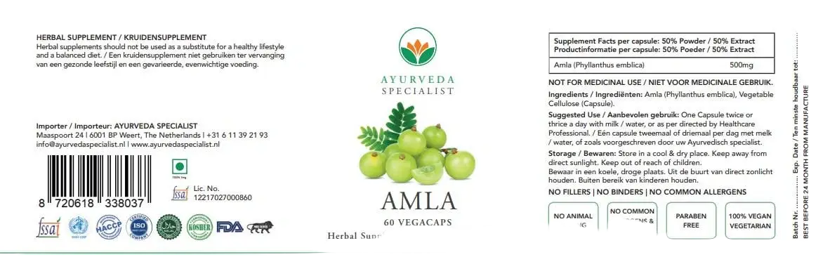 Amla Ayurveda Kräuterformel Nahrungsergänzungsmittel in Kräutergel-Form, von Ayurveda Specialist B.V., sichtbar in der Verpackung