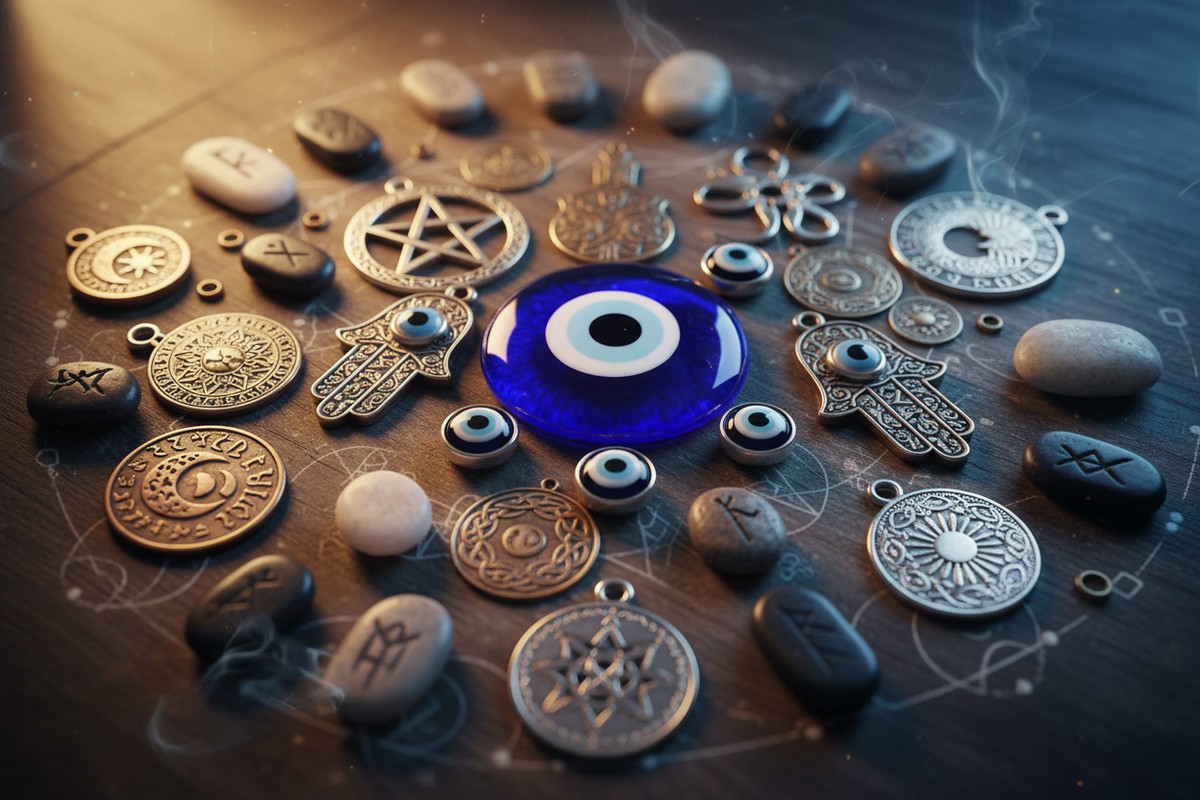 Blaues Nazar-Amulett umgeben von spirituellen Schmuckstücken und Schutzsymbolen auf dunklem Holz.