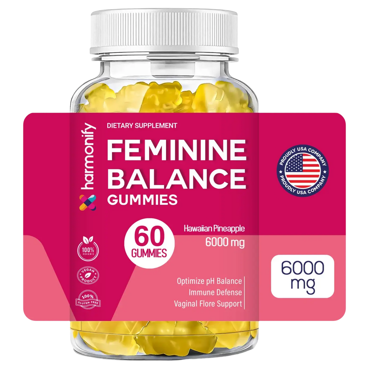 HARMONIFY Ananas Feminine Gummies mit Probiotika für Frauen zur Unterstützung von pH-Balance und vaginaler Gesundheit.