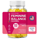 Eine klare glasflasche mit einem pinken harmonify ananas feminine etikett und hochwertigen probiotika gelben gummies für weibliche intimbalance sanft