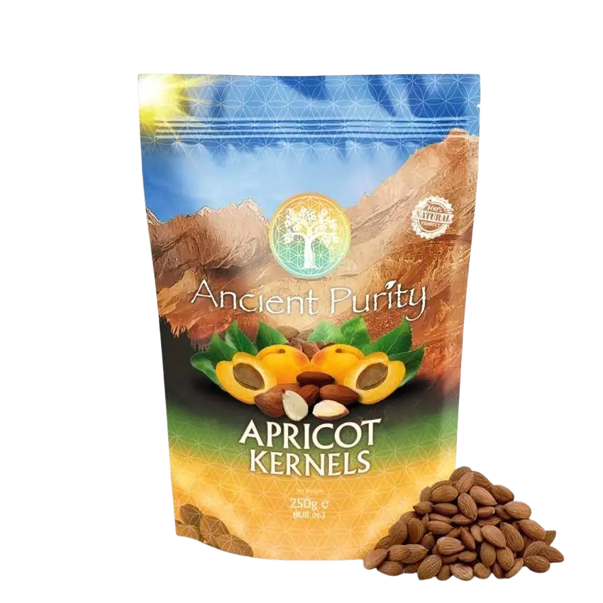 Ancient Purity Bittere Aprikosenkerne, 250 g, Nüsse und Samen, frische und knackige Aprikosenkerne in einer Verpackung.