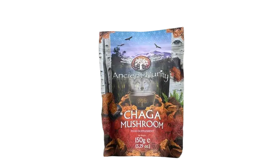 Ancient Purity Chaga-Pilz Nahrungsergänzungsmittel, 150g, wild geerntet und nachhaltig bezogen, in Glasbehälter.