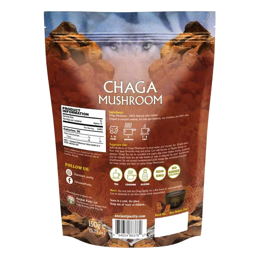 Ancient Purity Chaga-Pilz Nahrungsergänzungsmittel, 150g, wild geerntet und nachhaltig bezogen, in einer Verpackung.