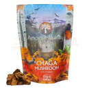 150g pouch ancient purity chaga pilz with orange-brown inonotus obliquus chunks and wolf forest design for chaga tee