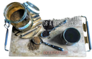 Ein klarer glasbehälter mit metallschnappverschluss, gefüllt mit dunkelbraunem pulver chaga pilz inonotus obliquus für chaga tee
