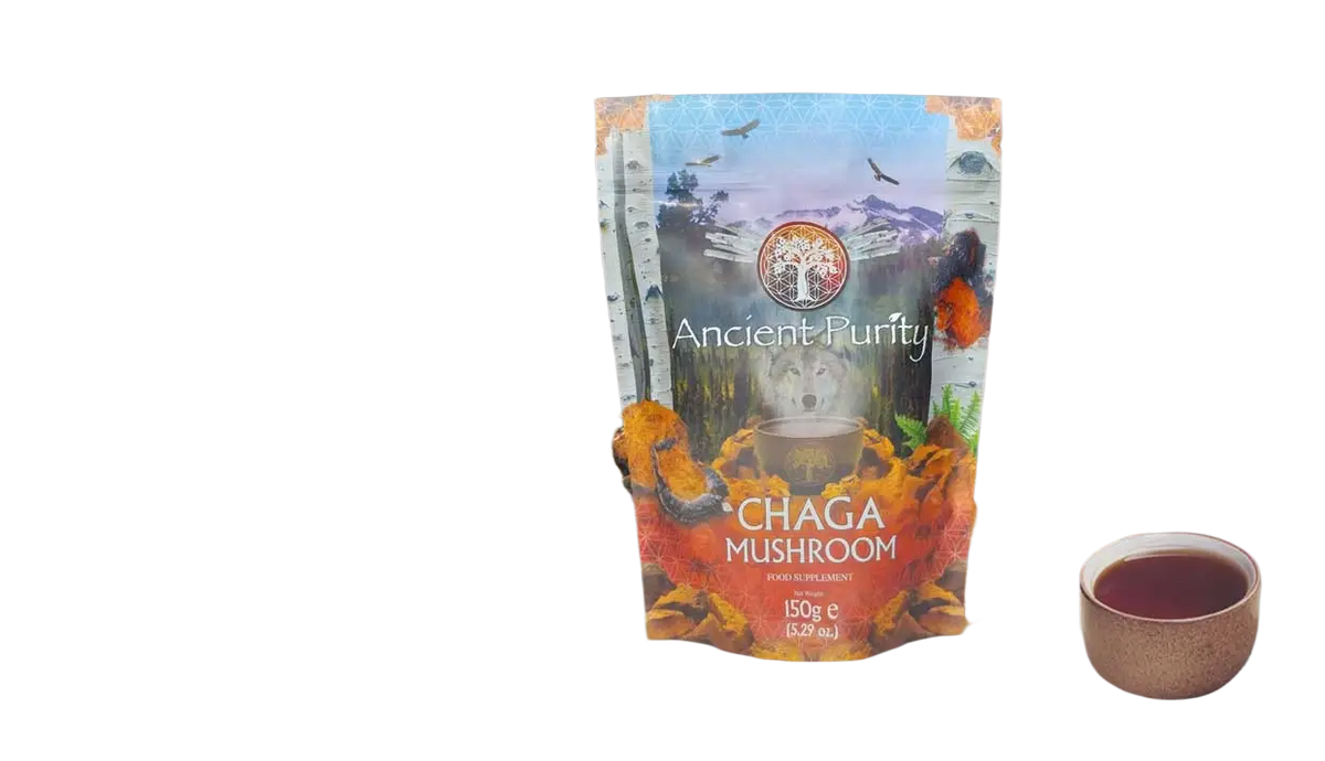 Ancient Purity Chaga-Pilz Nahrungsergänzungsmittel, 150g, wild geerntet und nachhaltig bezogen, getrockneter Chaga-Pilz in Packung