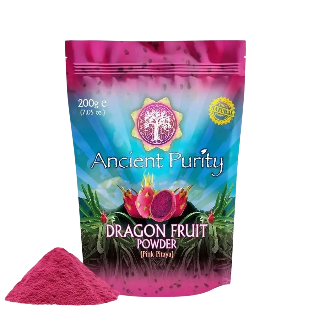 Ancient Purity Drachenfruchtpulver, pinke Pitaya, Nahrungsergänzung, 200g, mit frischer pinker Drachenfrucht im Beutel