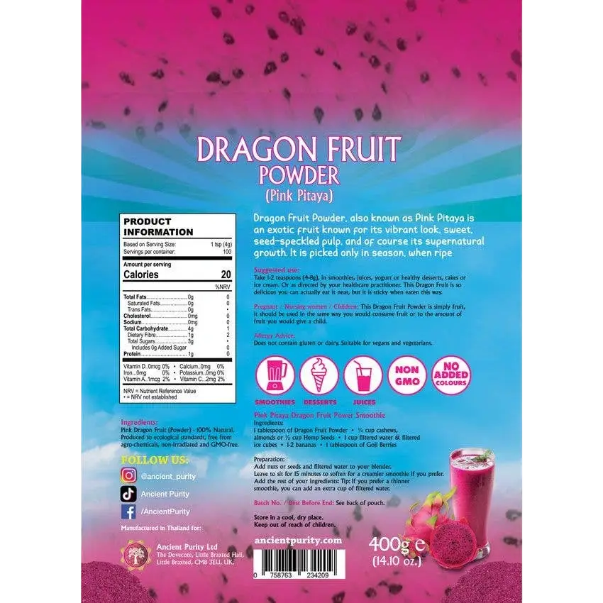 Ancient Purity Drachenfruchtpulver mit pinker Pitaya, nährstoffreiches Nahrungsergänzungsmittel, Nahaufnahme des pinken Drachenfruchtpulvers.