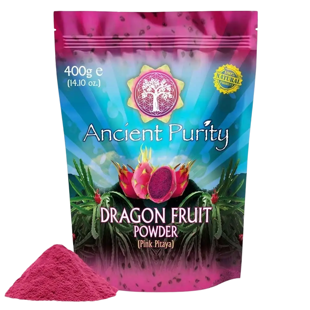Ancient Purity Drachenfruchtpulver in Pinke Pitaya, Nahrungsergänzung, 400g, zeigt das rosa Pulver in einer Packung.