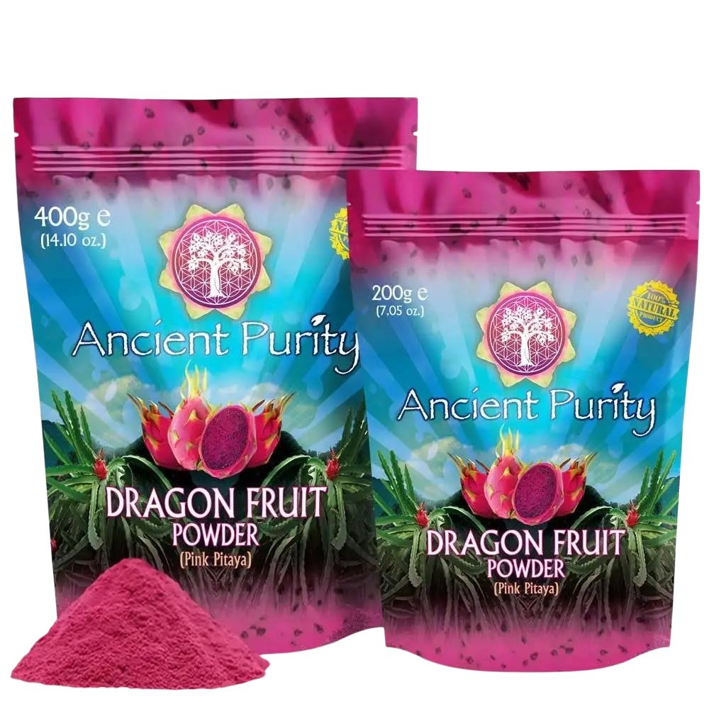Ancient Purity Drachenfruchtpulver, pinke Pitaya, nährstoffreiches Nahrungsergänzungsmittel mit frischer Drachenfruchtoptik.