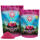 Vibrantes rosa pitaya drachenfruchtpulver in glänzenden wiederverschließbaren pouches von ancient purity mit fruchtigem design