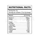 Schwarz-weißes nährwertetikett auf der rückseite von ancient purity kakadu pflaumen pulver 75 g mit natürlichem vitamin c