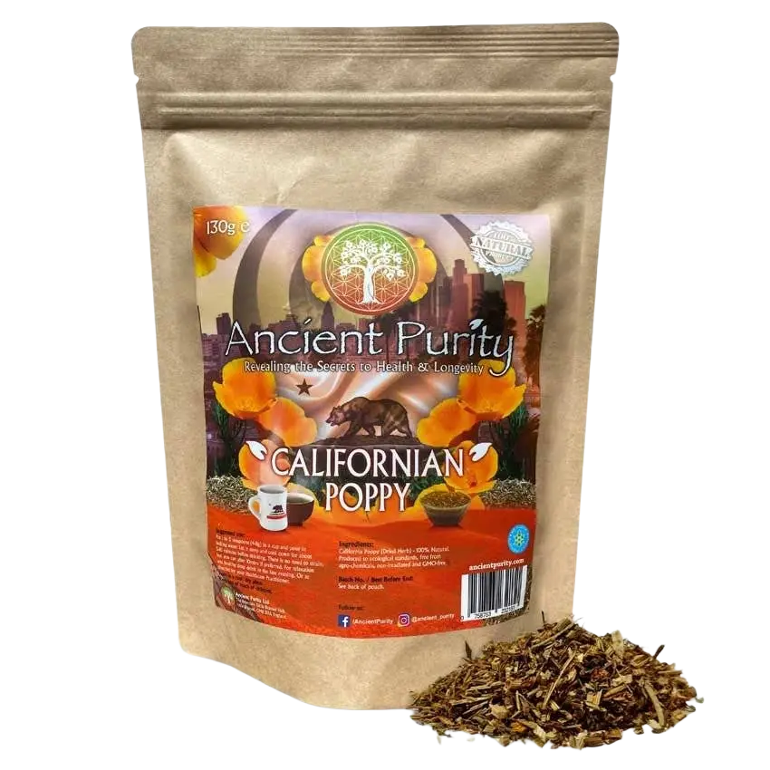 Beruhigender Kräutertee von Ancient Purity mit Kalifornischem Mohn, Eschscholzia californica, in 130 g Packung.