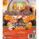 Ancient purity california poppy beruhigender kräutertee 130g mit orangefarbenen mohnblumen und bärenillustration