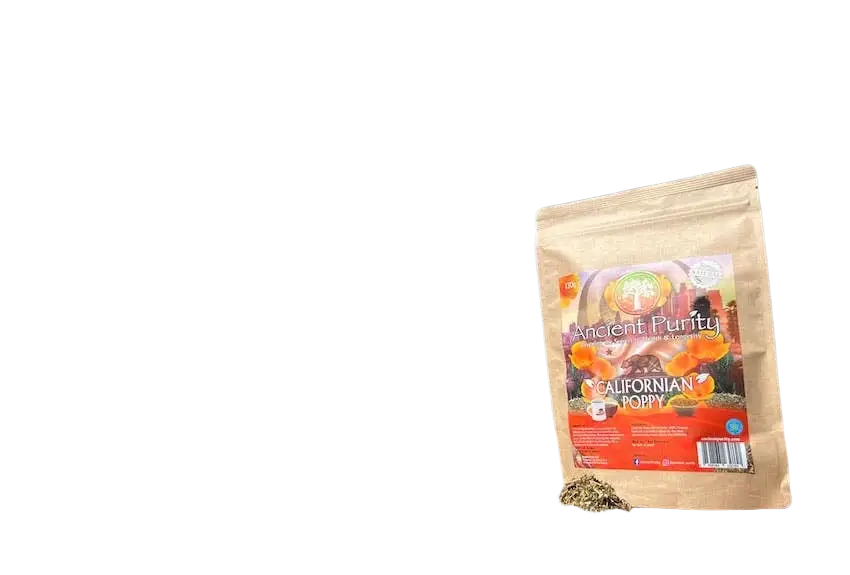Beruhigender Kräutertee aus Kalifornischem Mohn von Ancient Purity, 130 g, mit frischen, getrockneten Mohnblumen und Kräutern.