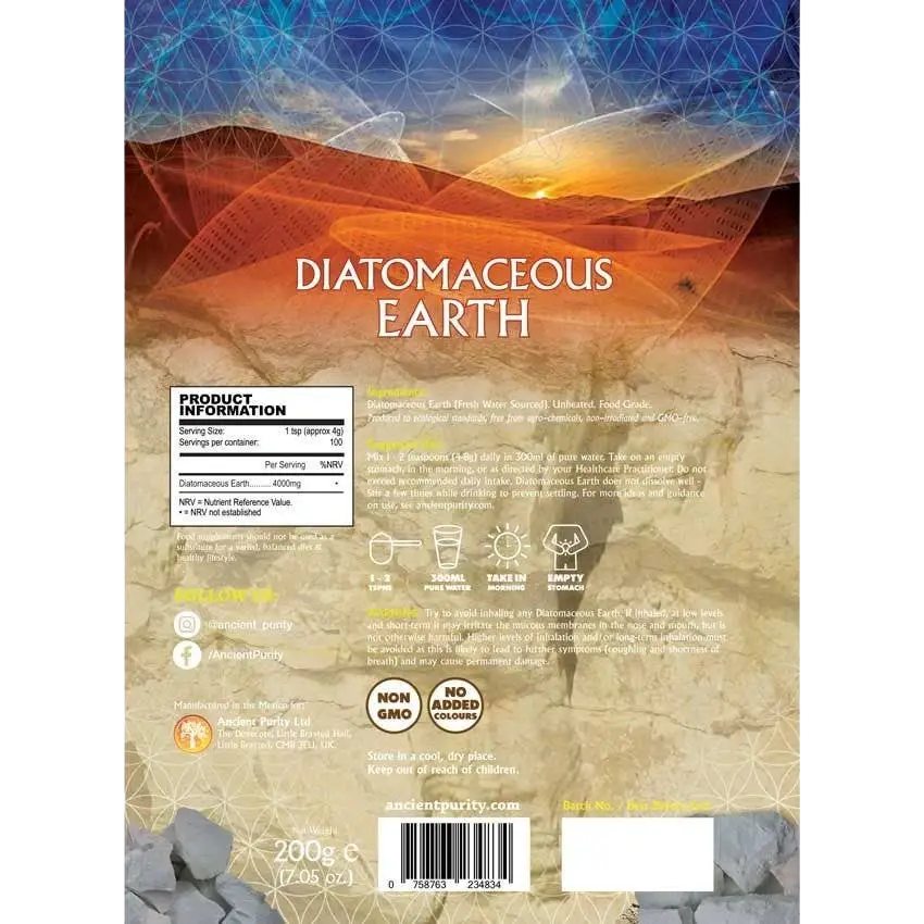 Ancient Purity Kieselgur 200g Nahrungsergänzung, feines Naturprodukt für Entgiftung und Detox, in Verpackung sichtbar