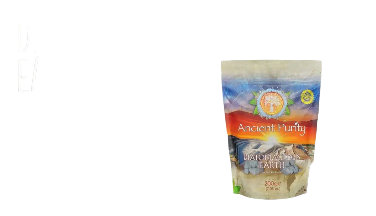 Ancient Purity Kieselgur Nahrungsergänzung, 200g, feines Pulver für Entgiftung und Detox, in einer weißen Verpackung.