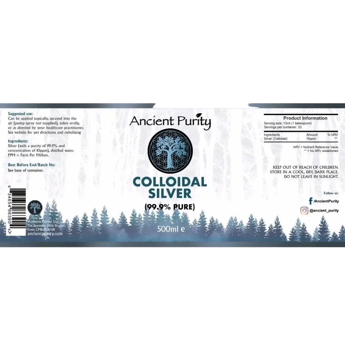 Ancient Purity kolloidales Silber in 500 ml Flasche, 10-20 PPM, hochreine Qualität, Nahrungsergänzungsmittel