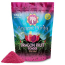 Ancient Purity Drachenfruchtpulver, pinke Pitaya, in einer Schale mit frischer Drachenfrucht, nährstoffreiches Nahrungsergänzungsmittel