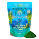 Ancient Purity Spirulina & Chlorella Pulver in 300g Bioqualität, grüne Nahrungsergänzung, feines Pulver in Dose sichtbar