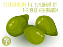 Illustration von drei grünen Kakadu-Pflaumen mit dem Text: Die Superfrucht der nächsten Generation.
