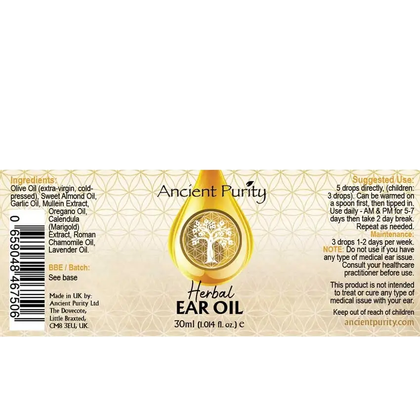 Ancient Purity Ohröl-Formel 30ml mit Königskerze, Oregano und Olive zur Ohrenpflege, in Flasche auf weißem Hintergrund