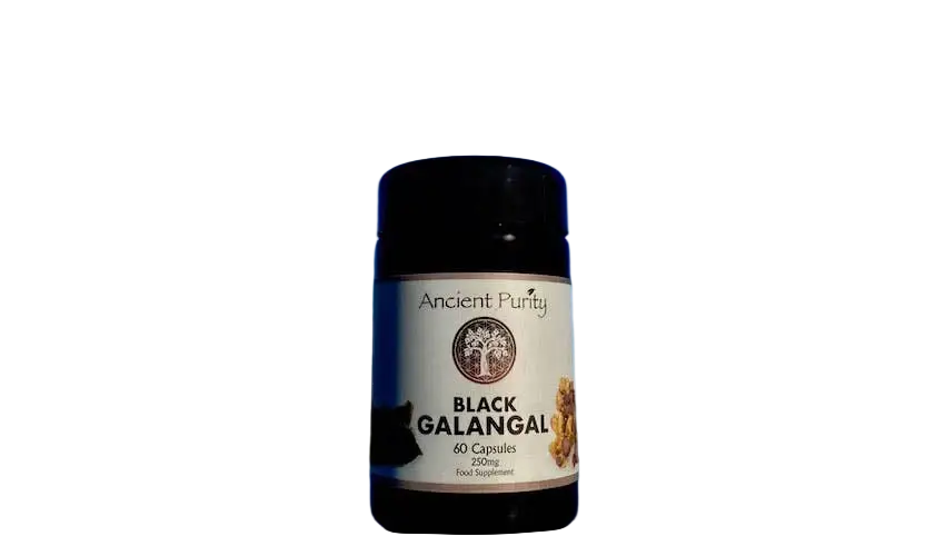 Ancient Purity Schwarzer Galgant Krachai Dam Nahrungsergänzung, 60 Kapseln zu 250 mg, Nahaufnahme der Verpackung