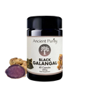 Schwarze glasflasche ancient purity schwarzer galgant krachai dam 60 x 250 mg mit schwarzem deckel und baumillustration