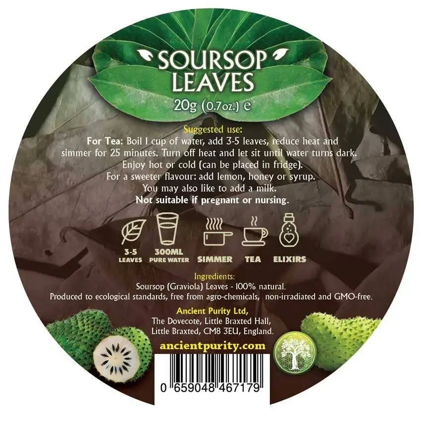 Ancient Purity Soursop-Blätter Tee in 20g, kreisförmiges Etikett, natürliche tropische Pflanzenteile, hochwertige Tee-Box