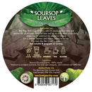 Runde rückseite etikett von ancient purity soursop blätter 20g tee mit grünen blattmotiven und zubereitungshinweisen