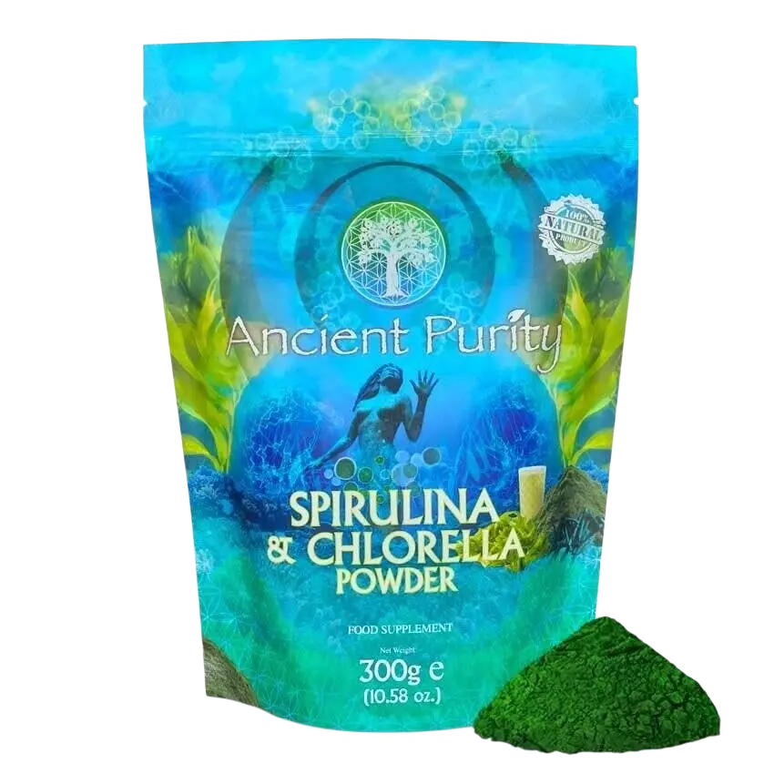 Ancient Purity Spirulina & Chlorella Pulver, Bioqualität, 300g, Nahrungsergänzung in grüner Verpackung, fein gemahlen und frisch