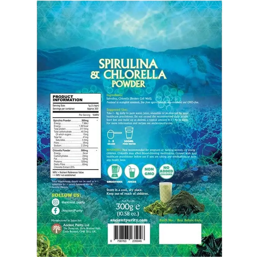 Ancient Purity Spirulina und Chlorella Pulver in Bioqualität, 300g, nährstoffreiches Nahrungsergänzungsmittel in grüner Pulverform