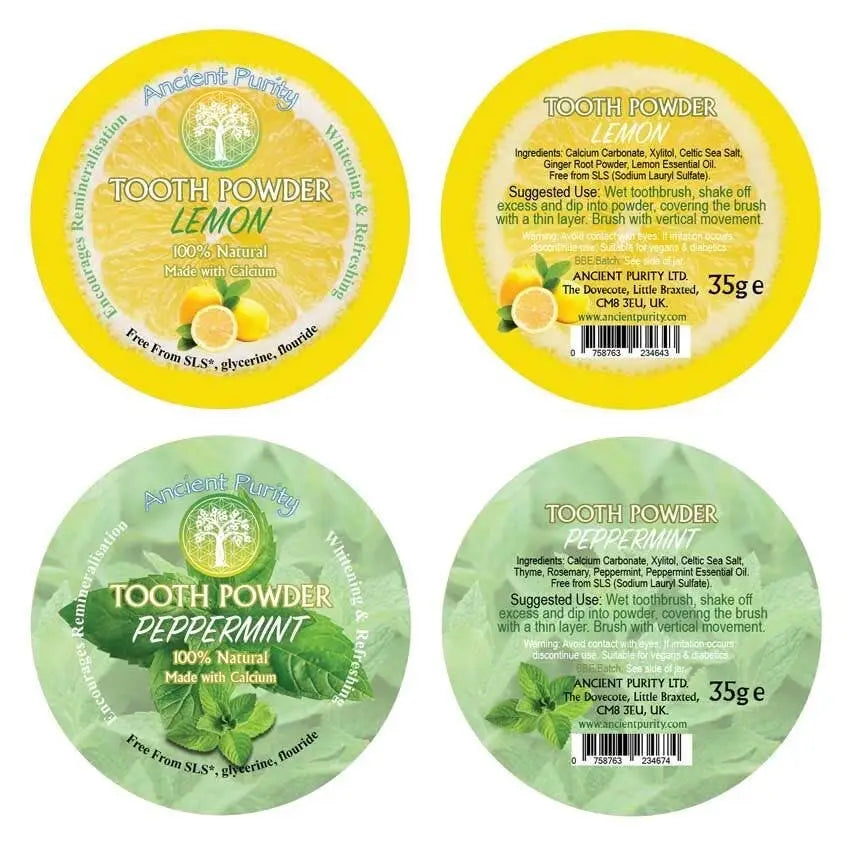 Ancient Purity Zahnpulver mit Zitrone und Pfefferminze, remineralisierend und aufhellend für gesunde Zähne, im Glasbehälter.