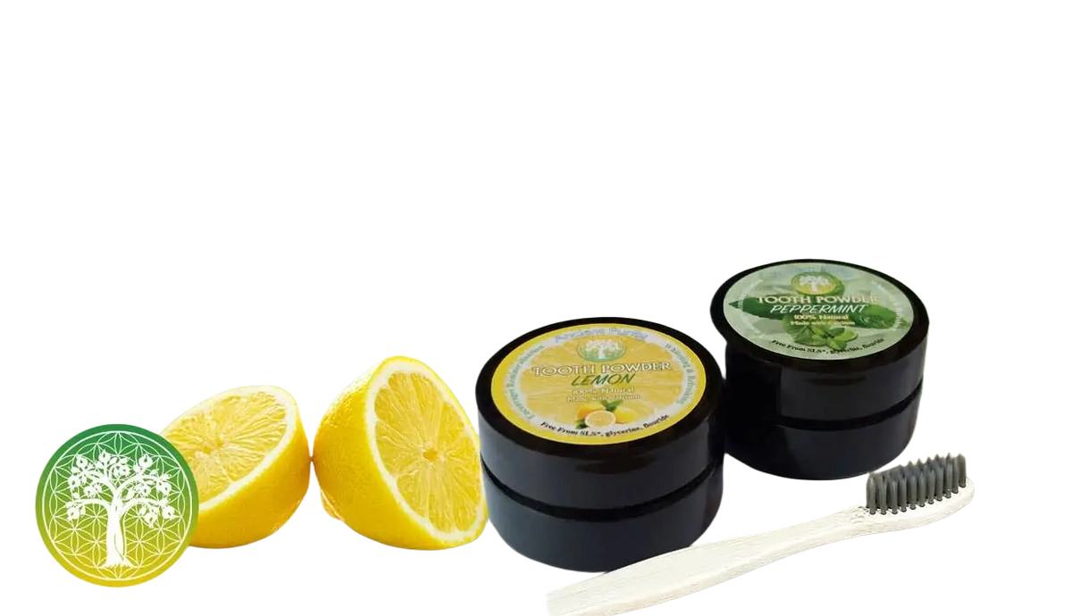 Ancient Purity Zahnpulver mit Zitronen- und Pfefferminzgeschmack, remineralisierend und aufhellend für die Zähne, in Dose.