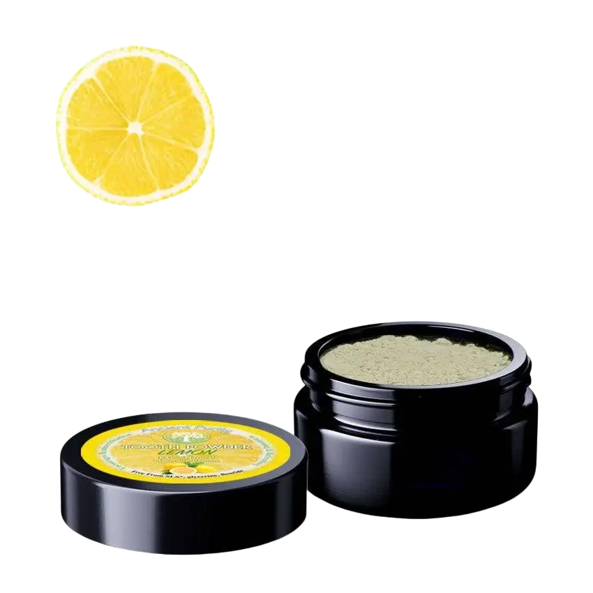 Ancient Purity Zahnpulver mit Zitrone und Pfefferminze, remineralisierend und aufhellend für die Zähne, in einer offenen Dose.