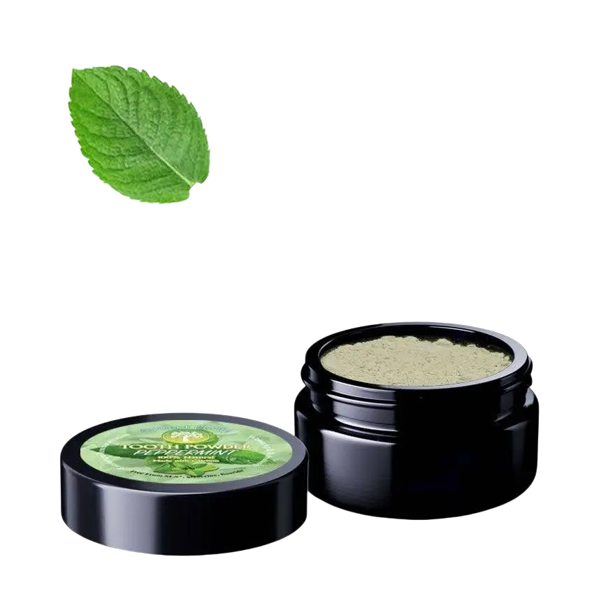 Ancient Purity Zahnpulver mit Zitrone und Pfefferminze, remineralisierend und aufhellend für Zähne, in einer offenen Verpackung.