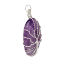 Handgewickelter amethyst anhänger mit baum des lebens motiv in versilbertem draht und ovale form