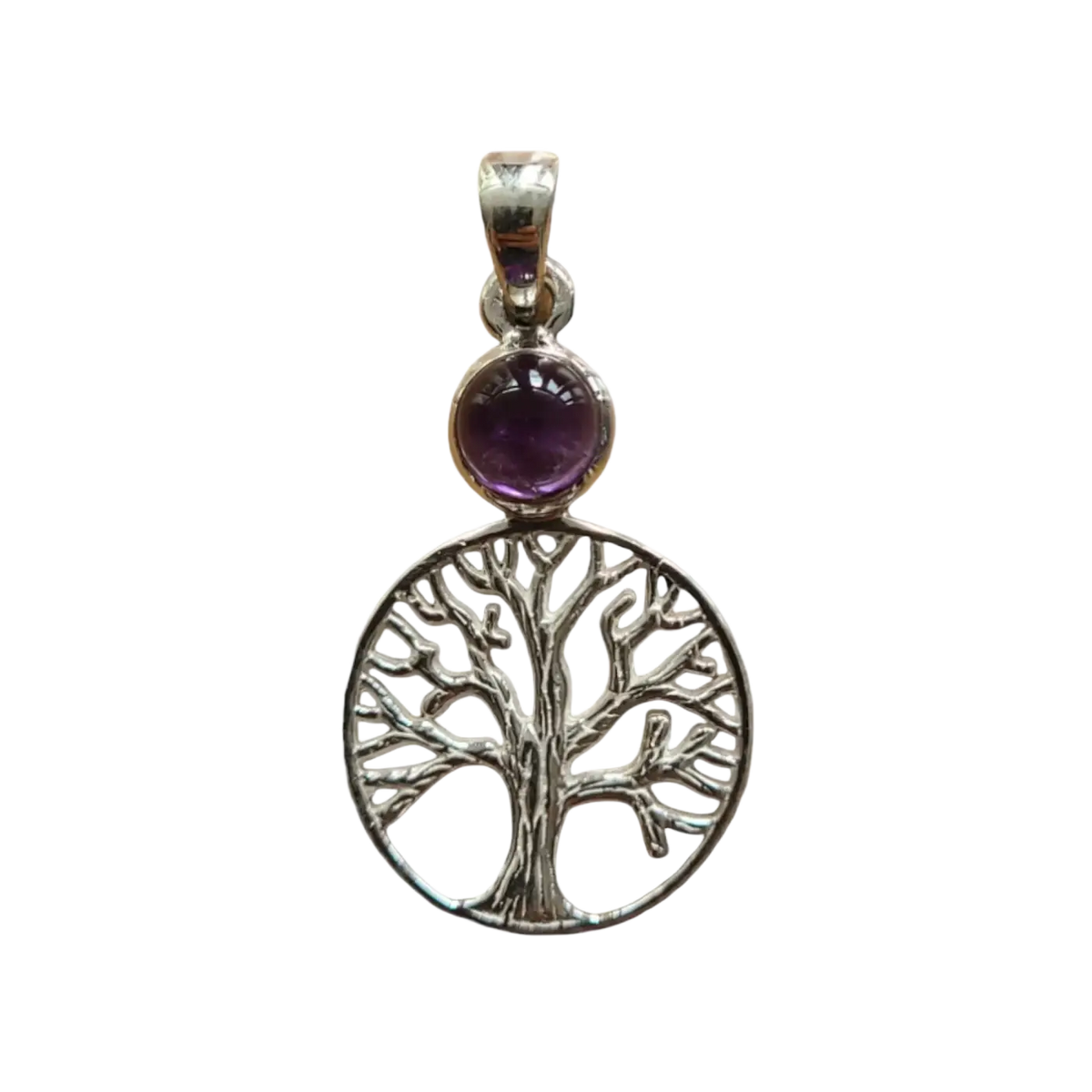 Silberner Anhänger Baum des Lebens mit Amethyst, Schmuckstück mit filigranen Lebensbaum-Design und violettem Edelstein, GangaPrem.