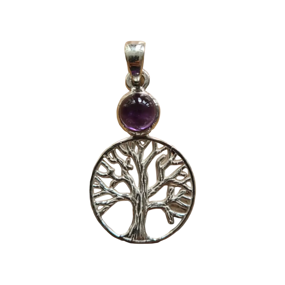 Silberner Anhänger Baum des Lebens mit Amethyst, eleganter Schmuck mit rundem Design, für stilvollen Ausdruck.