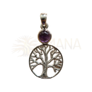 Silber anhänger baum des lebens mit rundem facettiertem lila amethyst stein und handgeknoteter nah