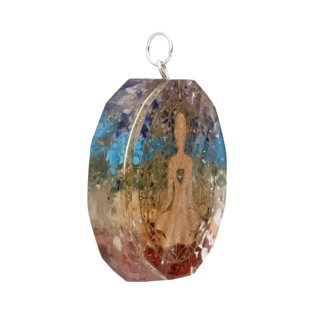 Transparenter ovaler Chakra-Buddha Anhänger im Orgonit-Stil, handgefertigter Schmuck von Vives de la Cortada S.L