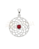 Lotus pendant mit granat rotem stein in silber mit filigranem geometrischem design