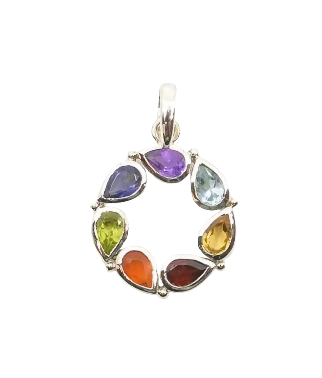 Silberner Chakra-Anhänger in Ringform mit 7 Chakra-Steinen, tropfenförmiges Design, GangaPrem Schmuck.