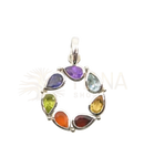 Silberner anhänger ring mit 7 chakra steinen in tropfenform in violett blau türkis grün orange gelb und rot