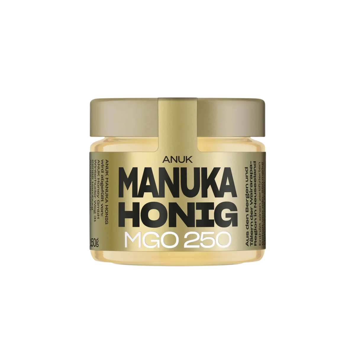 Goldfarbenes Glas mit 150g ANUK Manuka-Honig MGO250, natürlicher Manuka-Honig von ANUK Honey in hochwertigem Honigglas