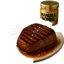 Gegrilltes ribeye steak mit markanten grillstreifen, gewürzt mit grobem salz und schwarzem pfeffer, neben anuk manuka-honig mgo250 hochwertiger premium-honig