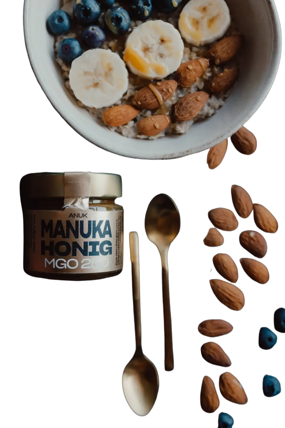 Glas mit ANUK Honey Manuka-Honig MGO250, goldener Deckel und Etikett, natürlicher Manuka-Honig in transparenter Verpackung