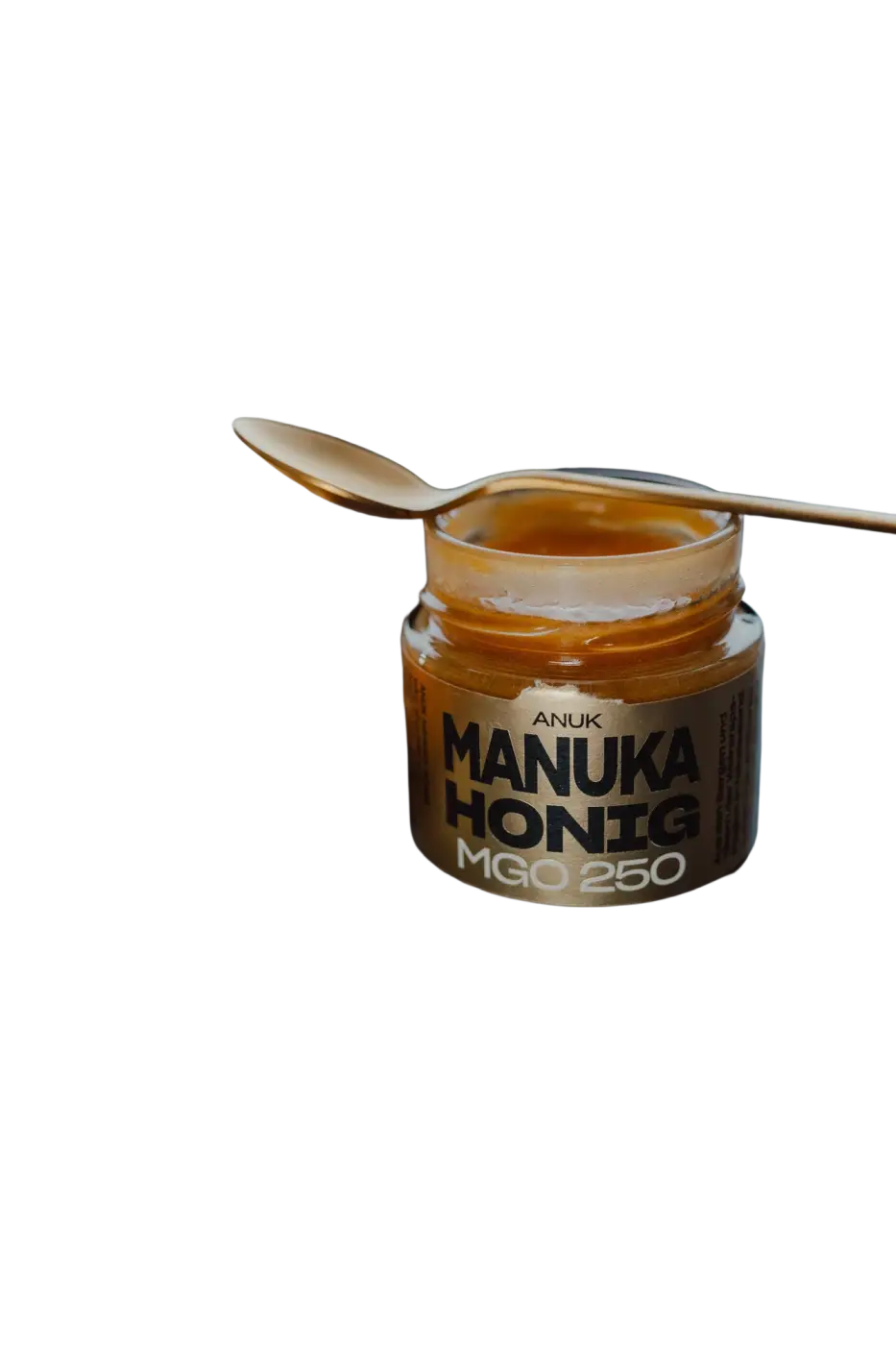 Dunkelbrauner ANUK Manuka-Honig MGO250 in Glas, nährstoffreicher Honig mit MGO 250 aus Neuseeland.