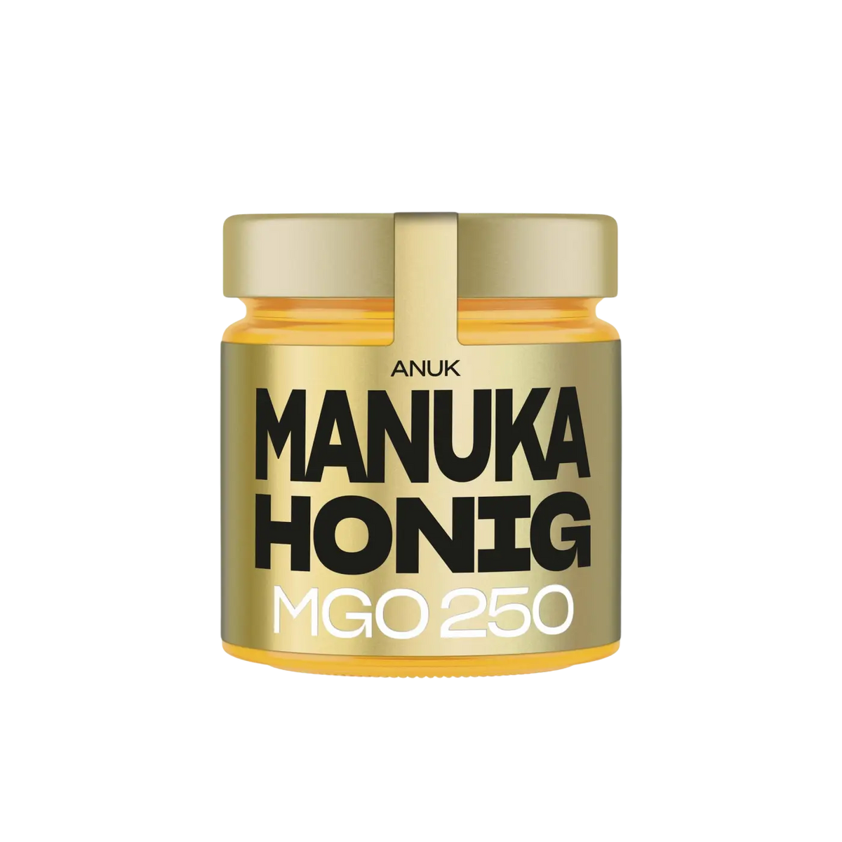 Goldener ANUK Manuka-Honig MGO250 in einem Glas, natürlicher Honig mit MGO 250, hochwertiger Manuka-Honig von ANUK Honey