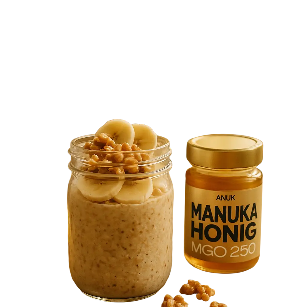 Goldgedecktes Glas mit ANUK Manuka-Honig MGO250, reiner Honig aus Neuseeland in hochwertigem Honigglas